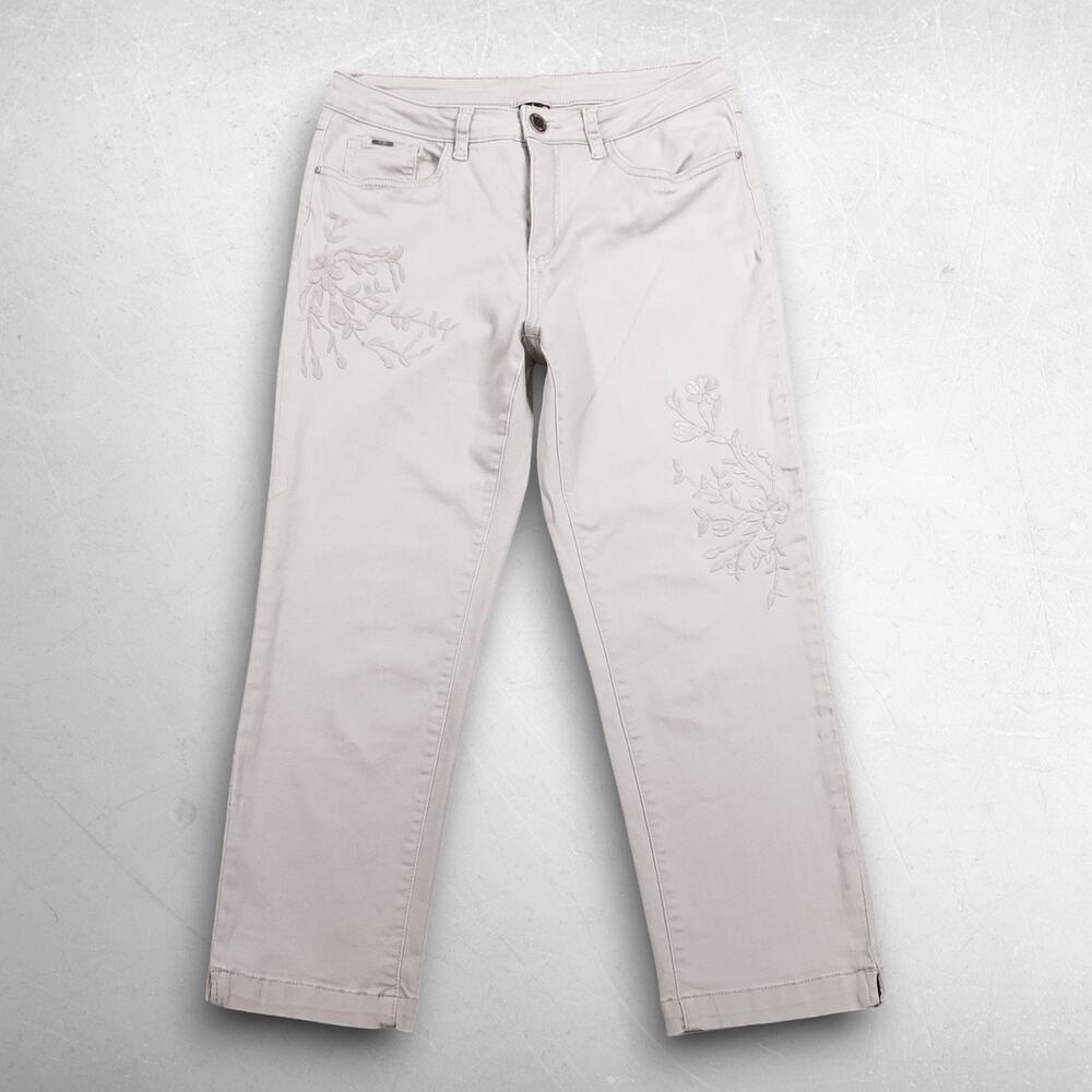 FDJ Embroidered Capri Pants Women 8 Beige Stretch Floral French Dressing Boho